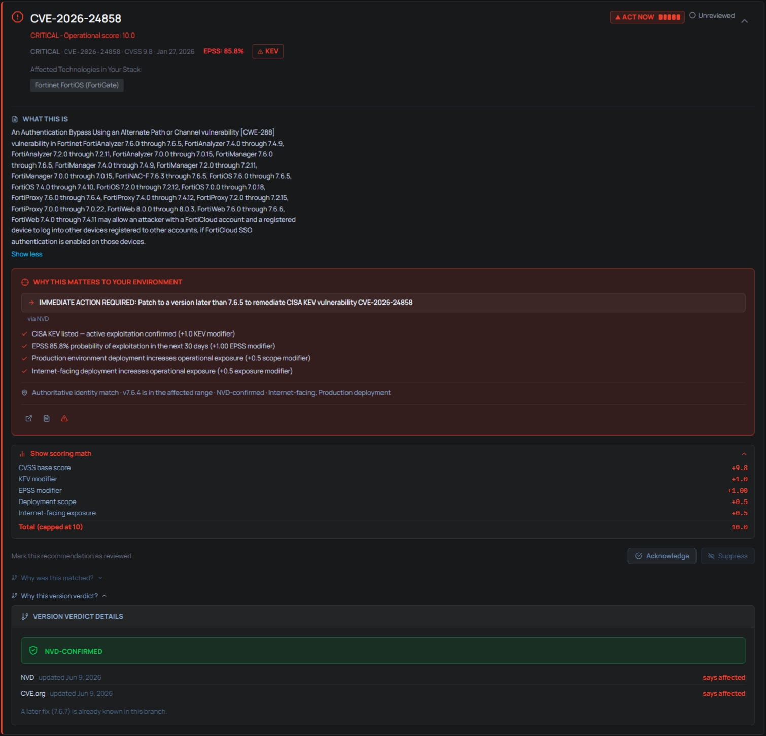 An expanded Signal finding for CVE-2026-24858 on Fortinet FortiOS (FortiGate), showing the factors that raised its score and the sources behind its version verdict.